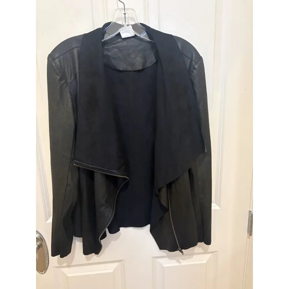 Mote Women's Black Faux Leather Moto Bomber Jacket Asymmetrical Zip L